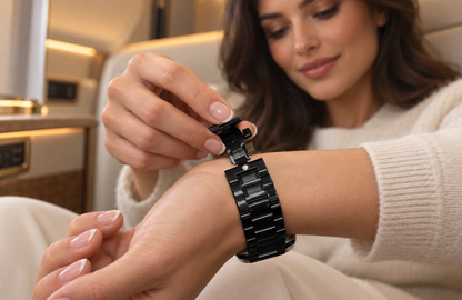 WsC Fury Black Diamond Edition worn by a woman in a first-class cabin
