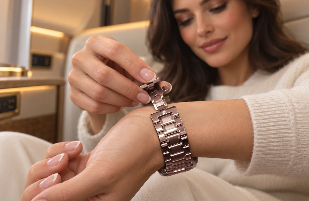 WsC Fury Rose Gold Diamond Edition worn by a woman in a first-class cabin