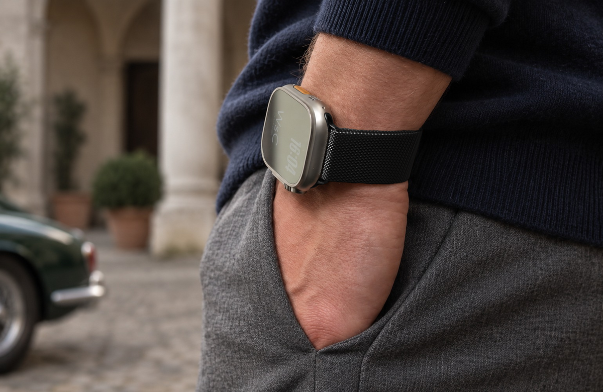 Man wearing the black Milanese Loop Apple Watch strap, standard non-diamond, with polished black connectors.