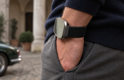 Man wearing the black Milanese Loop Apple Watch strap, standard non-diamond, with polished black connectors.