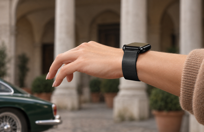 Woman wearing the black Milanese Loop Apple Watch strap, standard non-diamond, with polished black connectors.