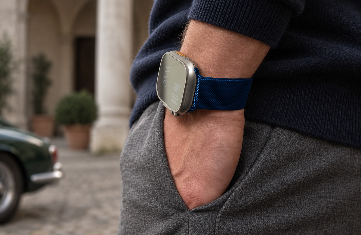 Man wearing the Cosmic Blue Milanese Loop Apple Watch strap with polished blue connectors.