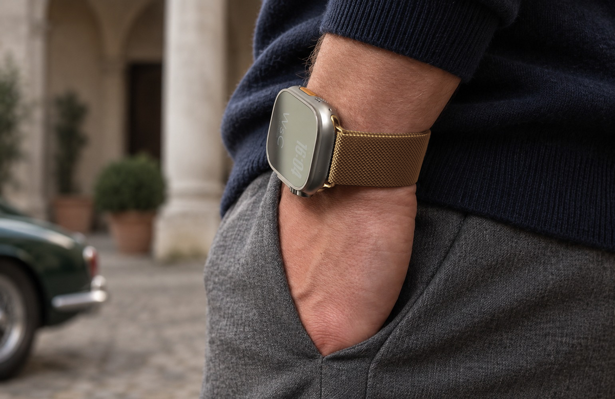 Man wearing the gold WsC Milanese Loop Apple Watch strap with polished gold connectors, standard non-diamond lifestyle photograph