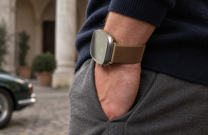 Man wearing the gold WsC Milanese Loop Apple Watch strap with polished gold connectors, standard non-diamond lifestyle photograph