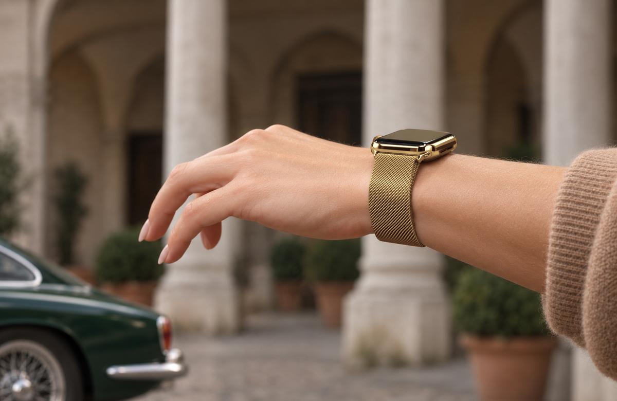 Woman wearing the gold Milanese Loop Apple Watch strap with a polished gold watch case