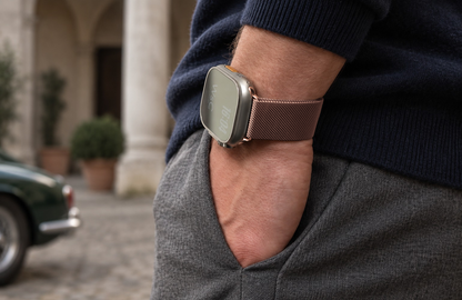 Man wearing the rose gold WsC Milanese Loop Apple Watch strap with polished rose gold connectors, standard non-diamond lifestyle photograph
