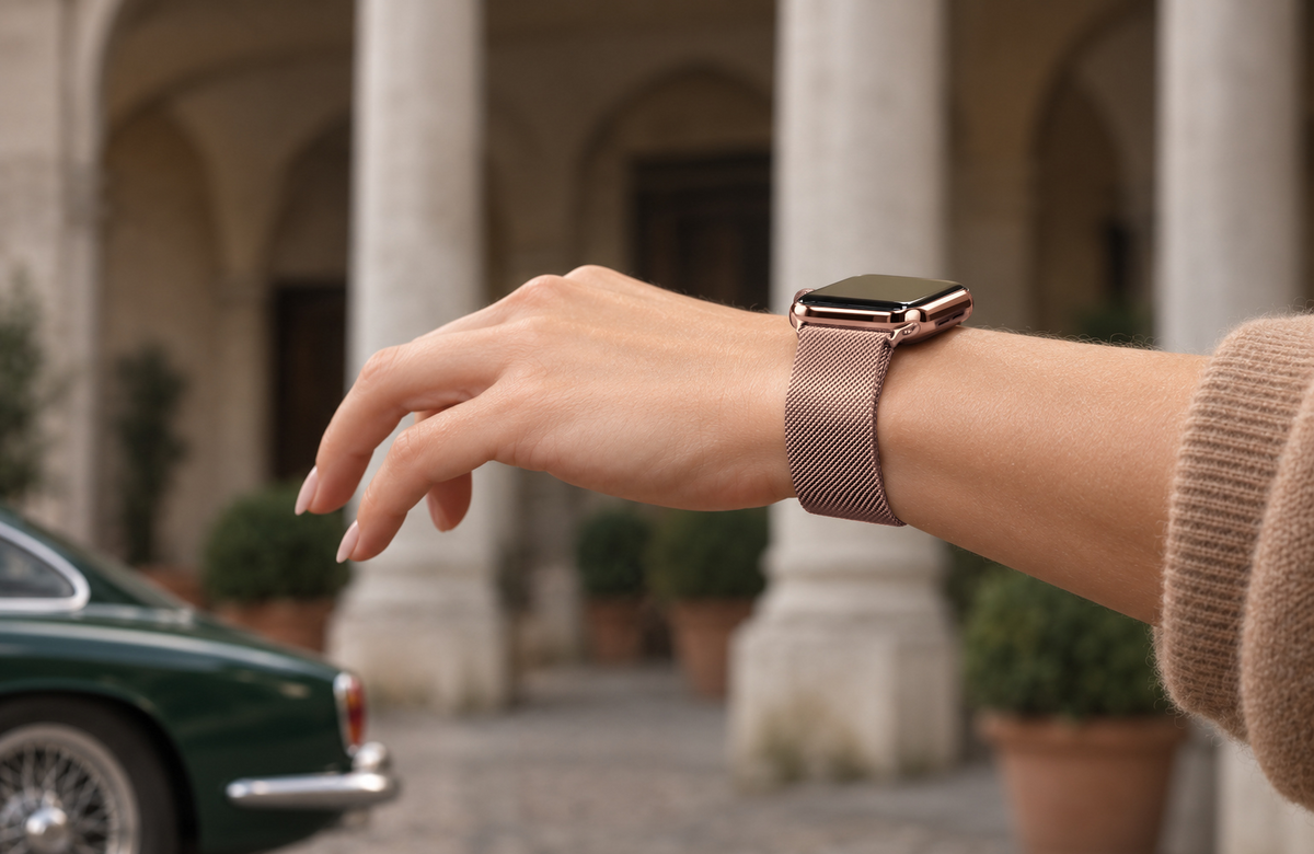Woman wearing the rose gold WsC Milanese Loop Apple Watch strap, standard non-diamond lifestyle photograph